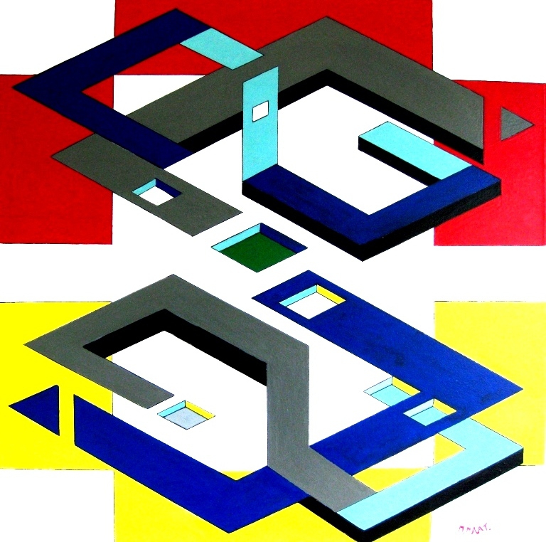 Rood, blauw en geel geometrisch werk van Monica Maat