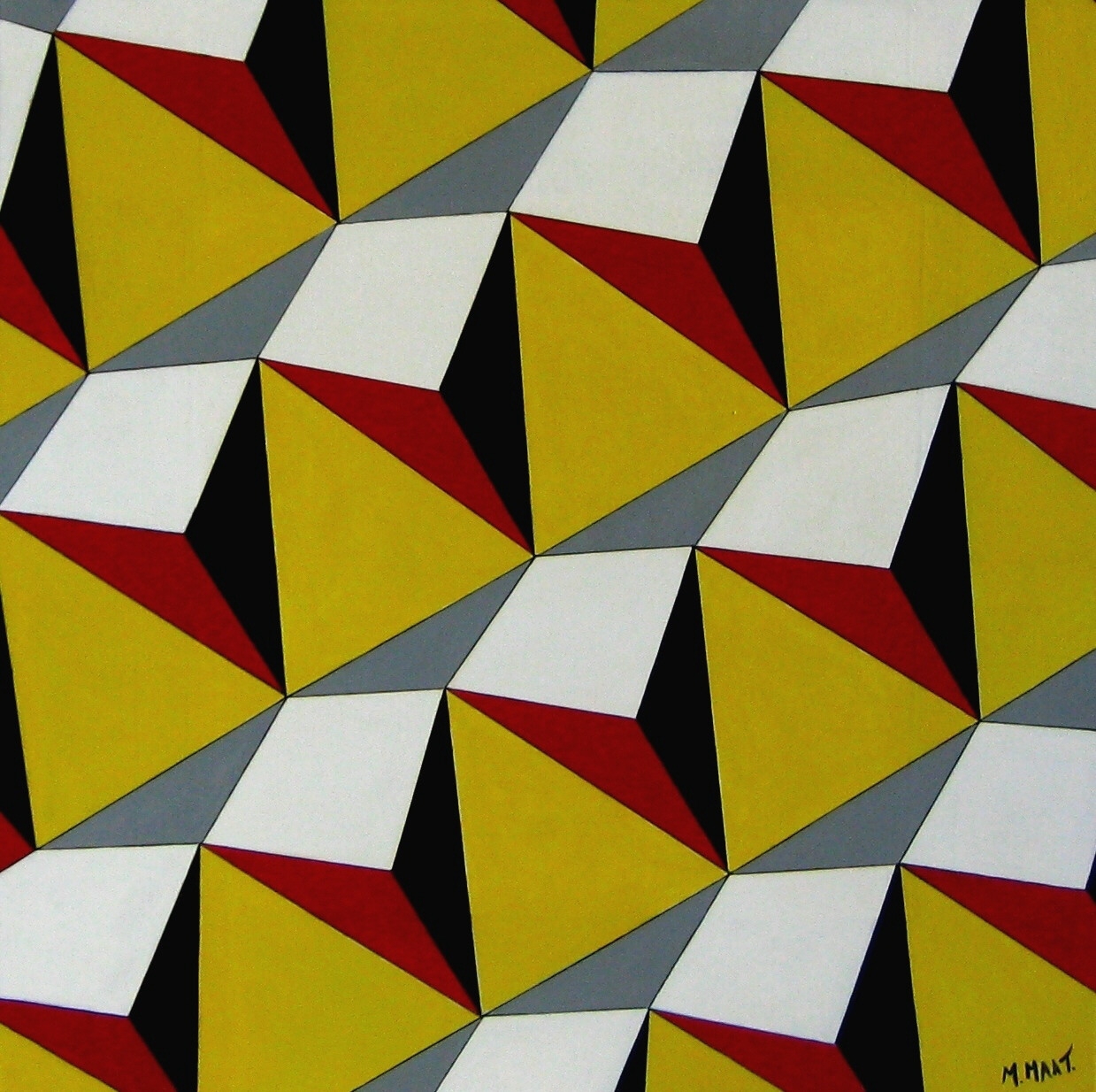 Geometrisch werk in rood en geel van Monica Maat